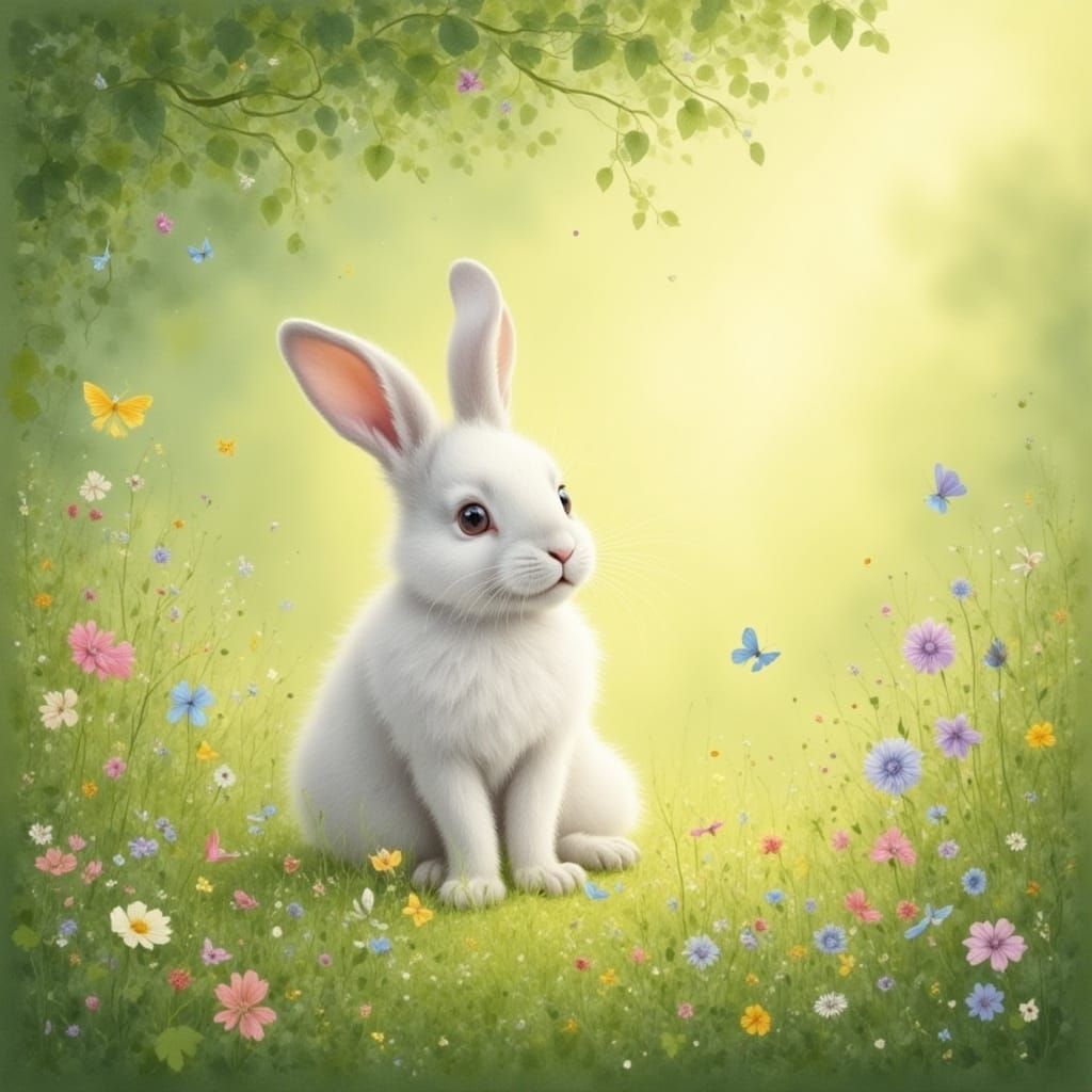 Fluffy White Bunny in Wildflower Meadow