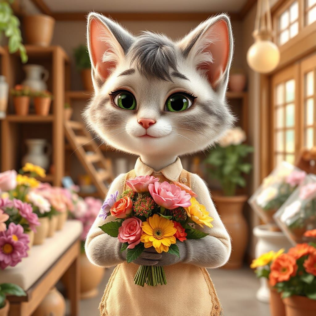 Pixar-Style Florist Cat with Soft Smile and Green Eyes