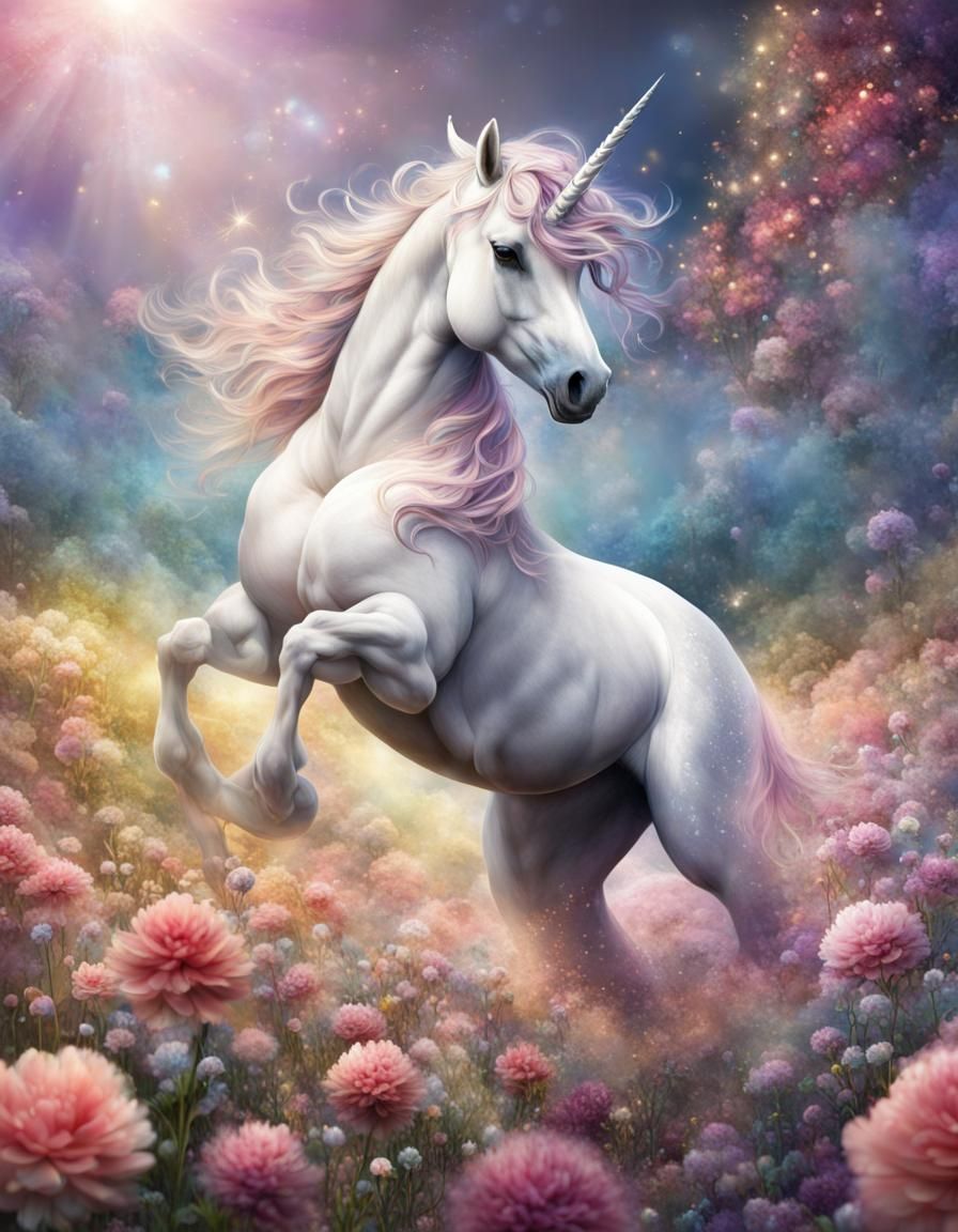 Majestic Unicorn Rearing in Flower Field