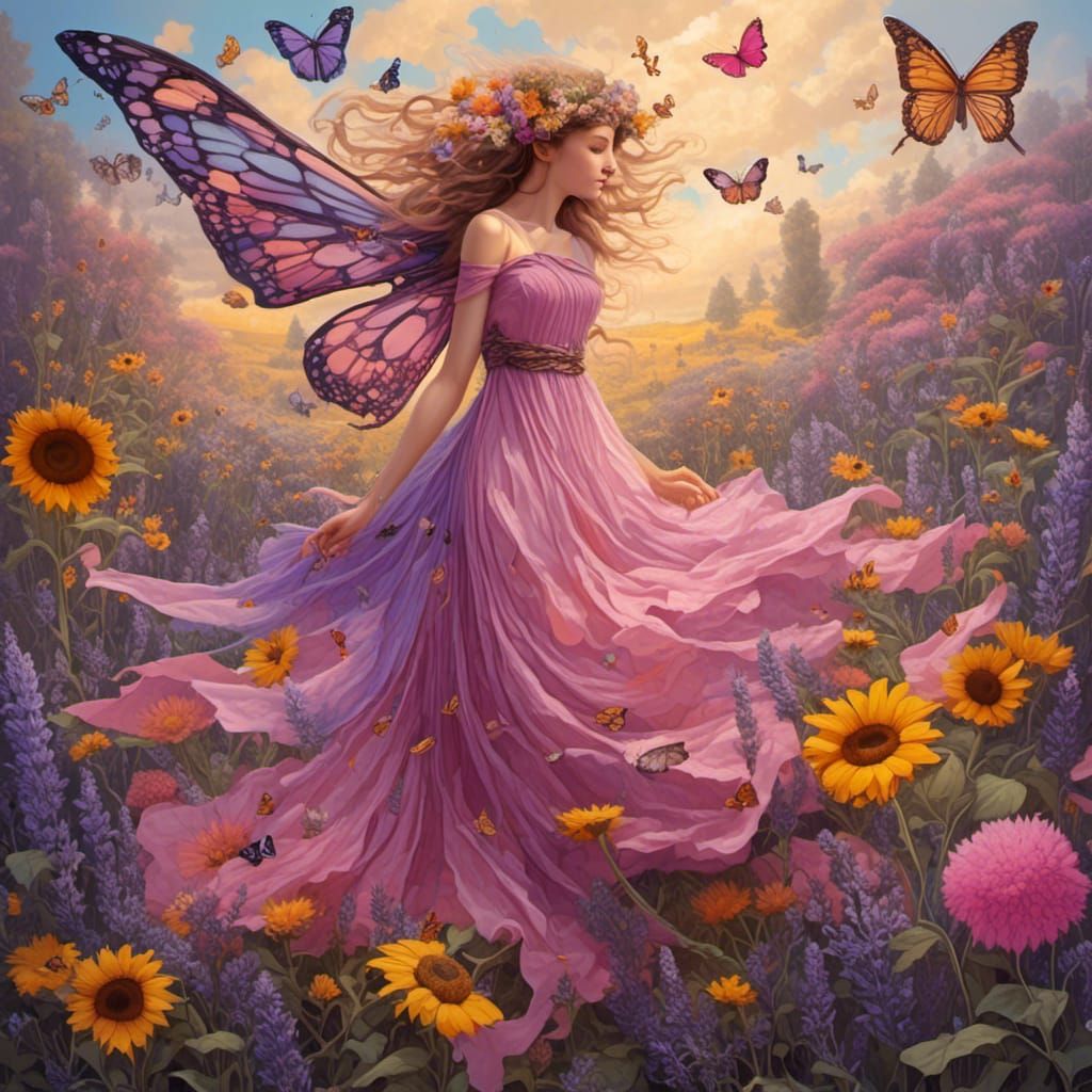 Fairy with Stained Glass Wings in Sunflower Field