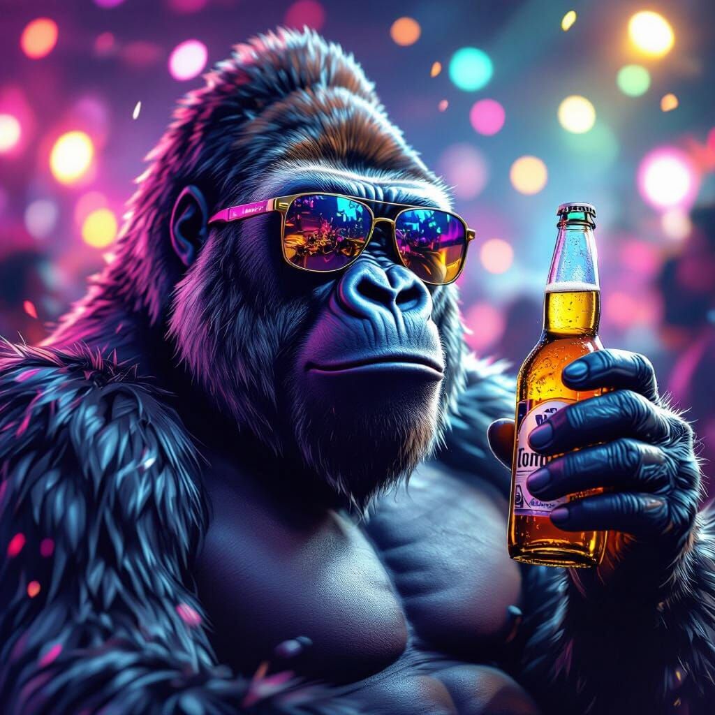 Gorilla in Sunglasses Enjoys Corona at Vibrant Party Scene