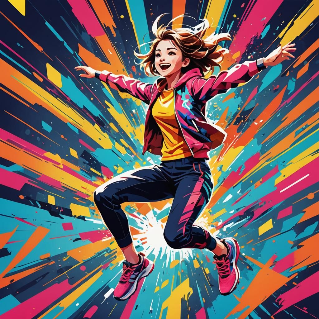 Energetic Girl Jumping: Manga-Inspired Illustration