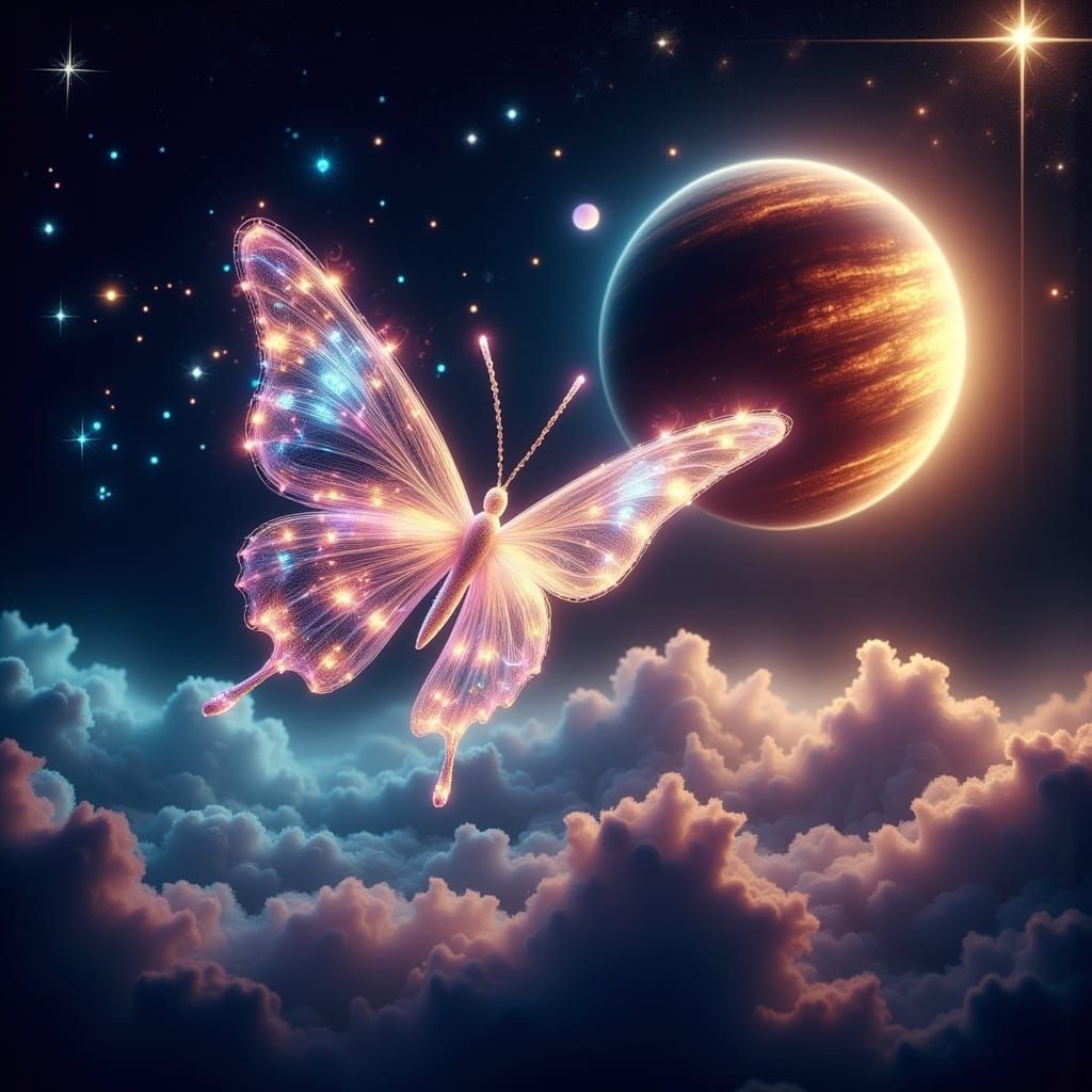 Iridescent Space Butterfly Between Distant Planets