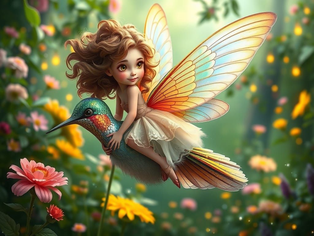 A enchanted garden beautiful flowers a small beautiful fsiry eith messy long hair rides on the back of a humming bird de...