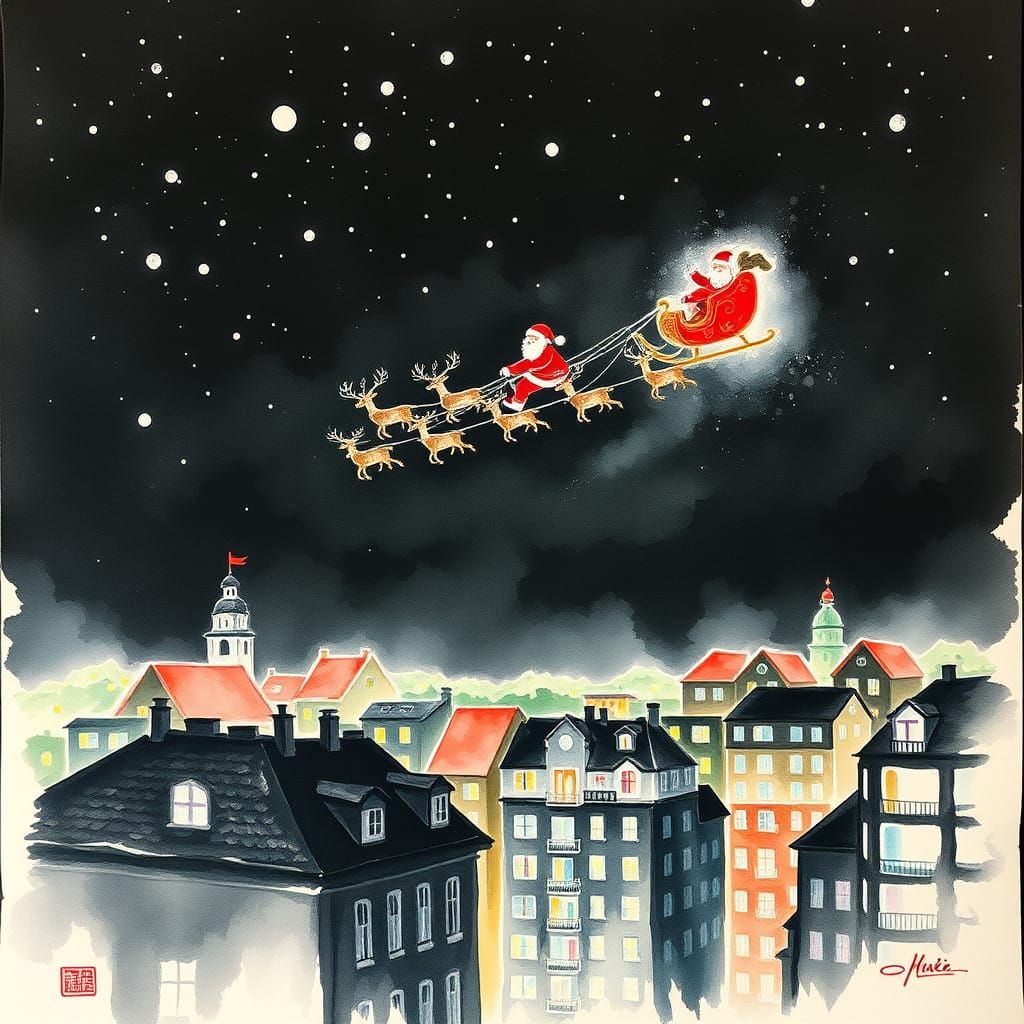 Whimsical Christmas Eve Night Scene in Ink Painting Style
