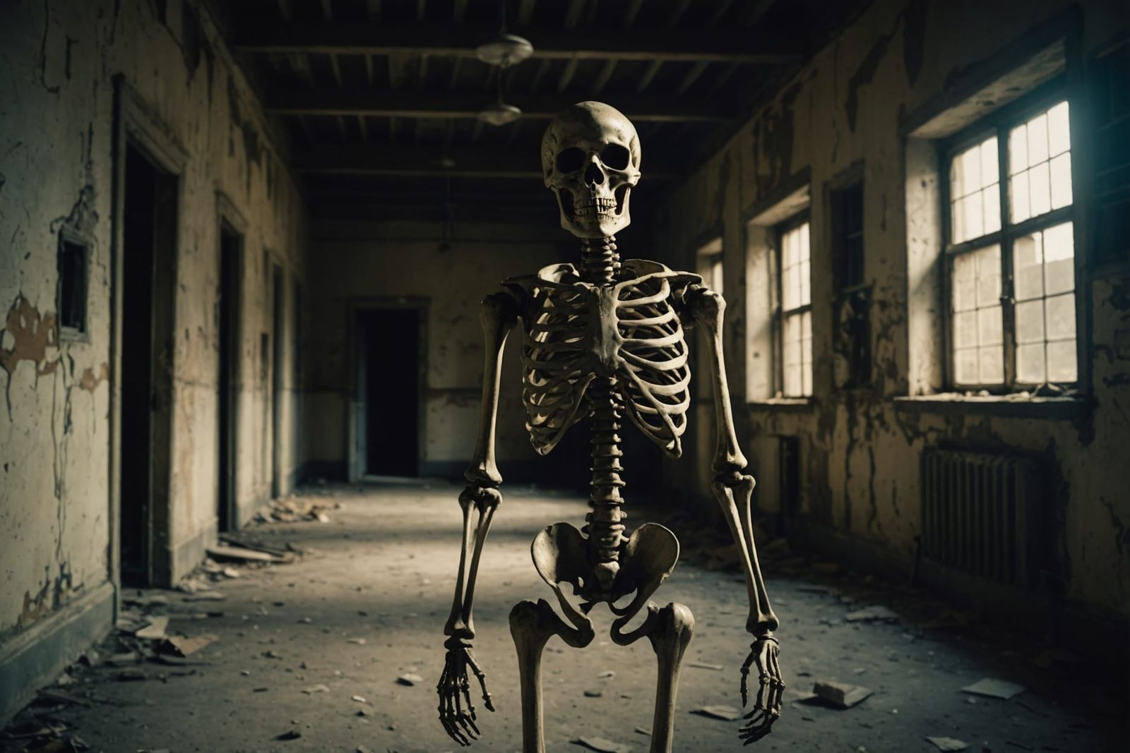 Skeleton in Abandoned Asylum: Horror Movie Still