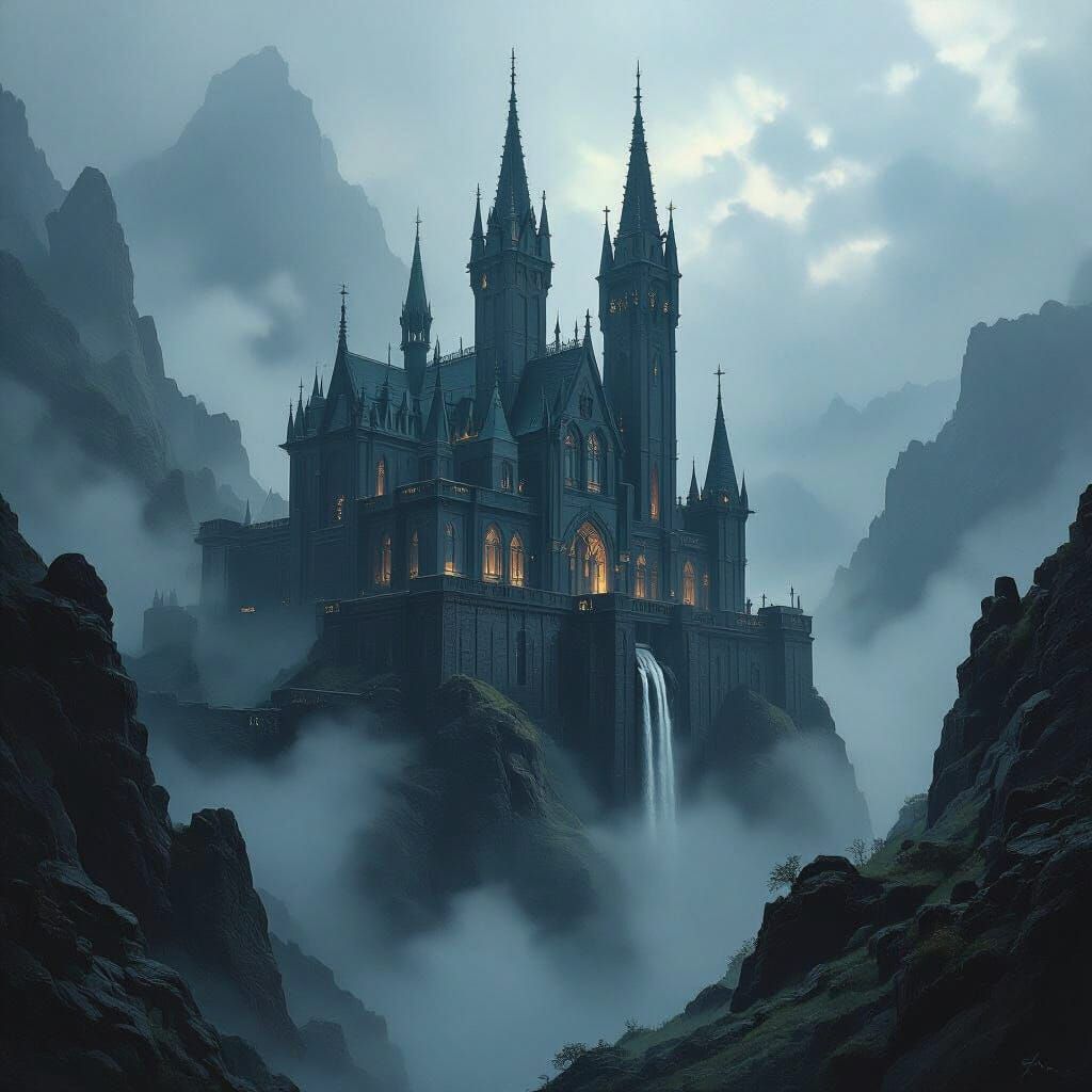 Dark Gothic Castle in Rocky Valley, Dramatic Lighting