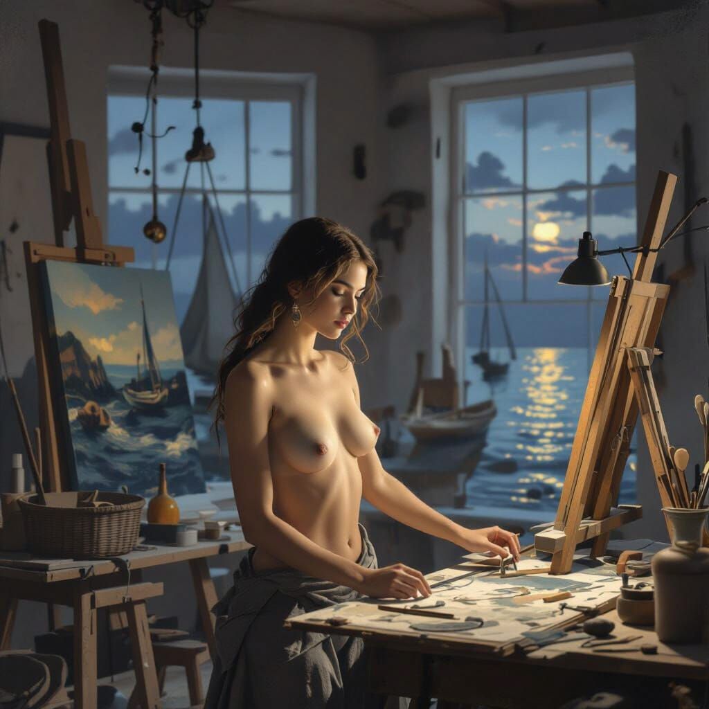 Luminous Woman in Studio with Chiaroscuro Lighting