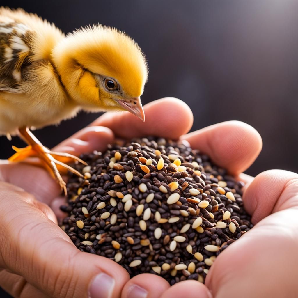 Baby Chick Pecking Seeds in Hand: Professional Photography