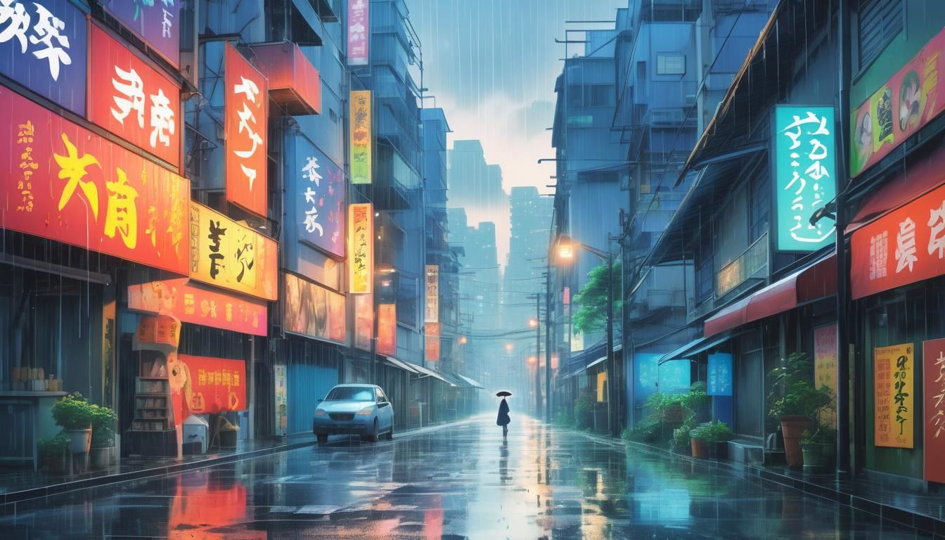 Colorful Rainy Street Scene in Anime Style