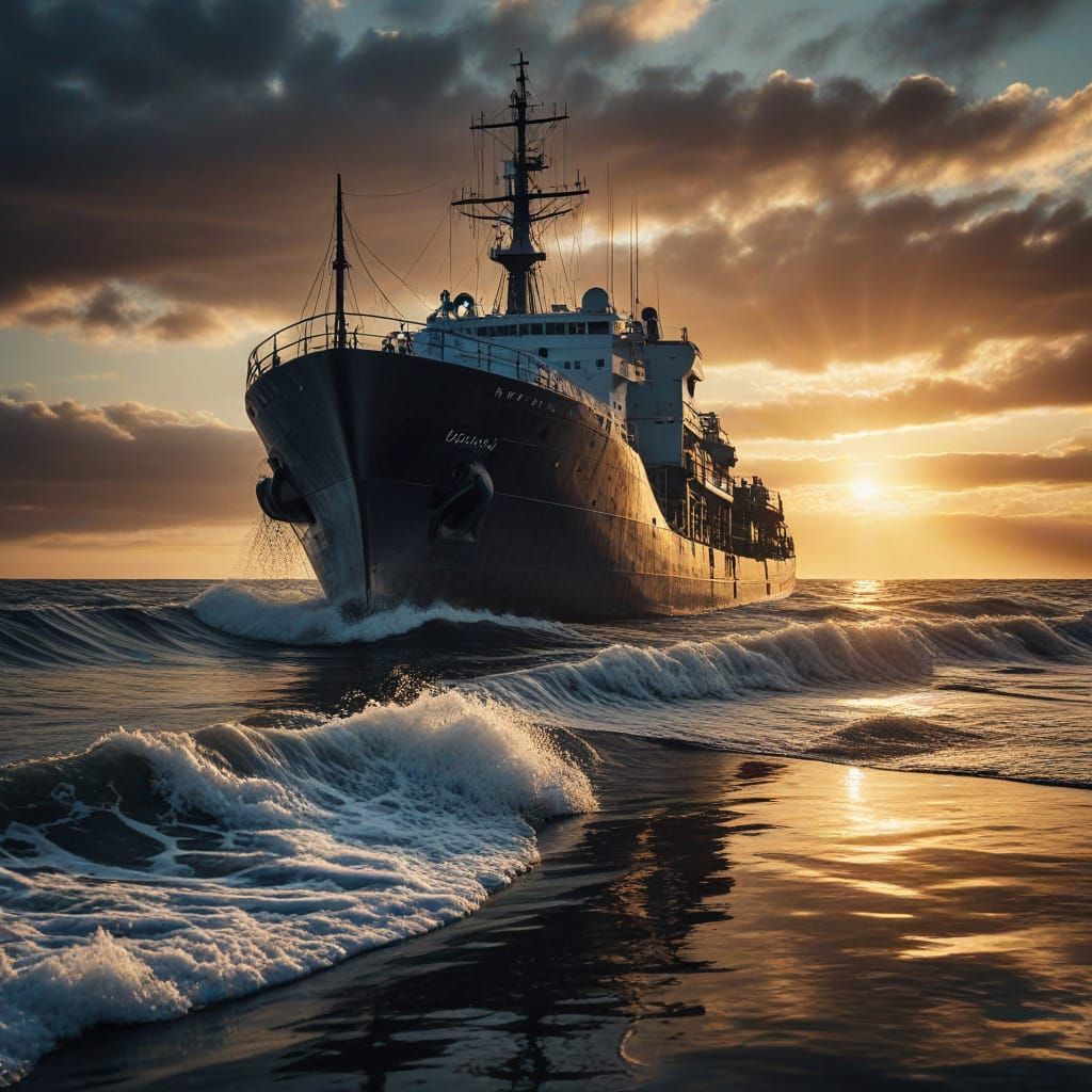 Dramatic Ship Silhouette in Golden Hour Light