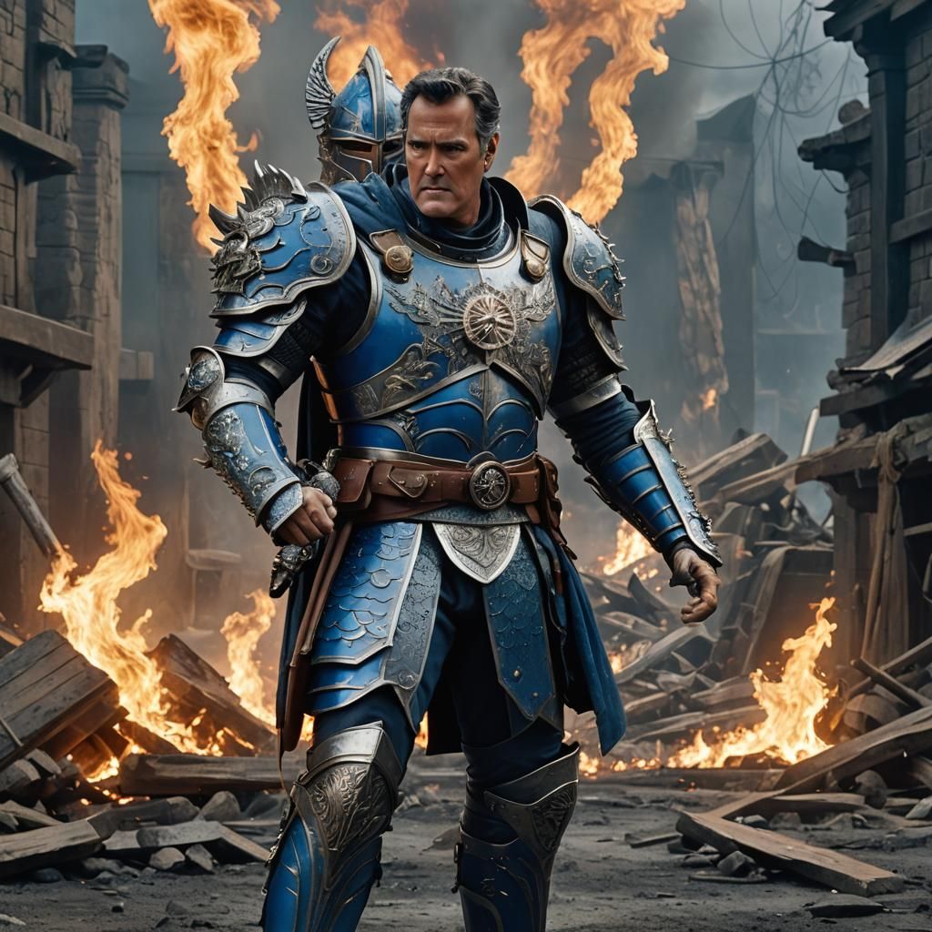 Knight of Helm in Fiery Dark Fantasy Landscape