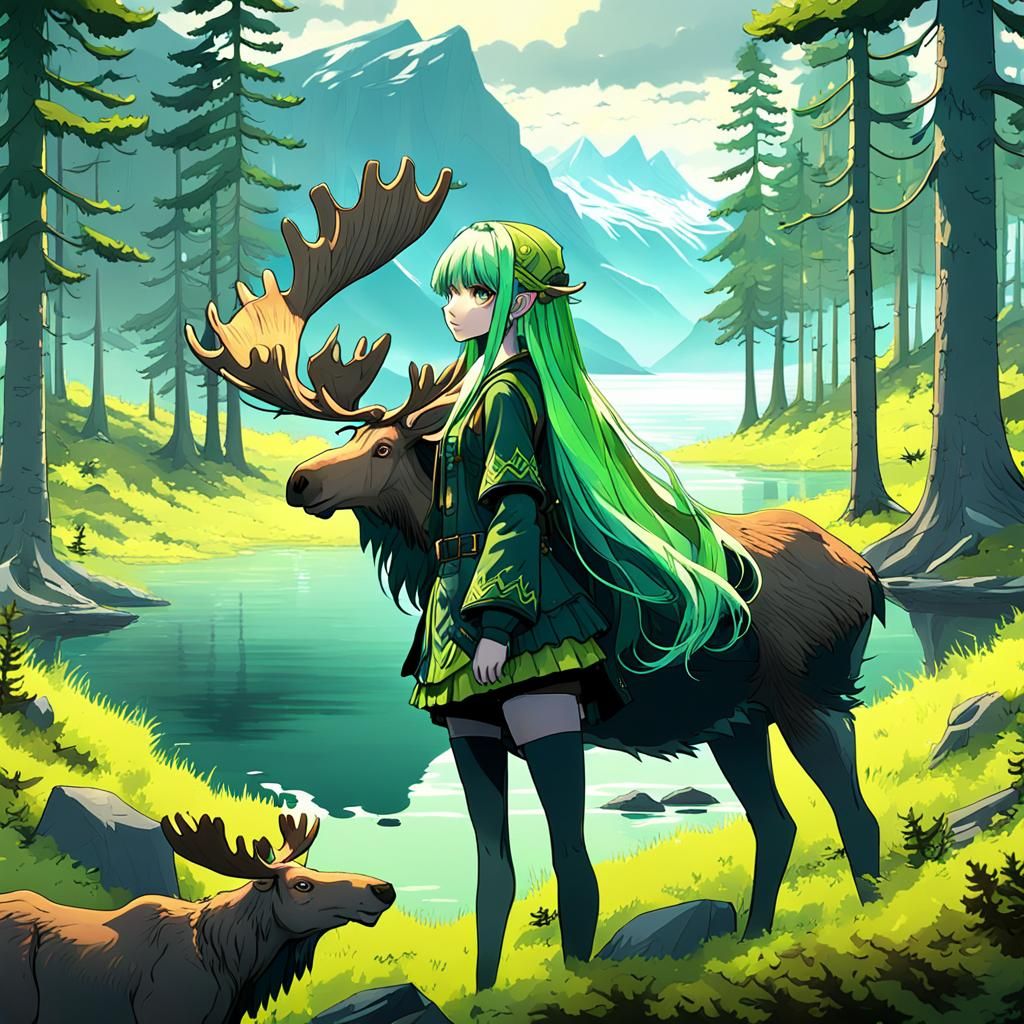 Anime Girl and Moose in Forest: Fantasy Art