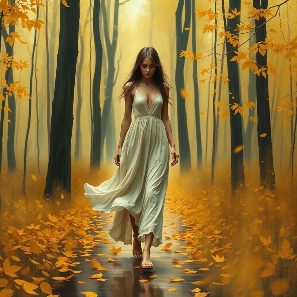 Woman in Rainy Forest: Graffiti Art Autumn Scene