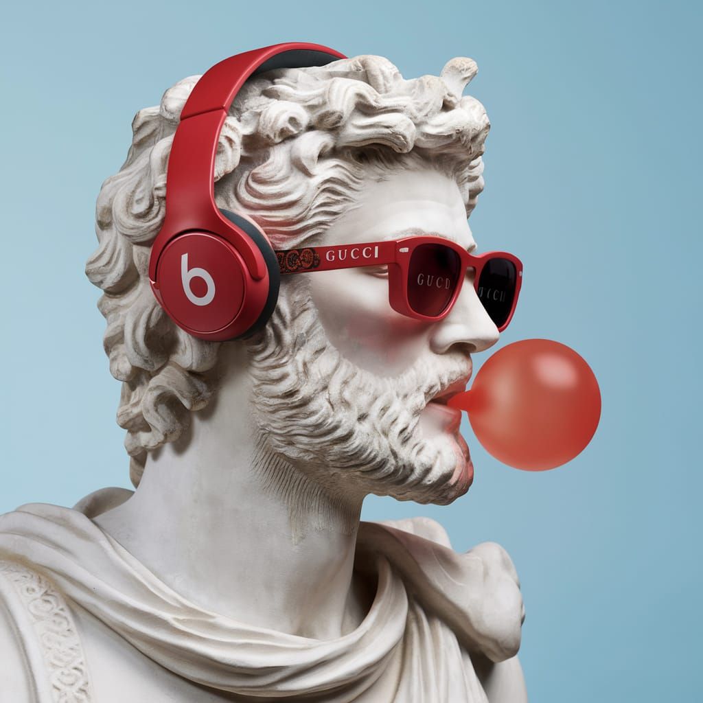 Greek Statue with Headphones and Bubble Gum
