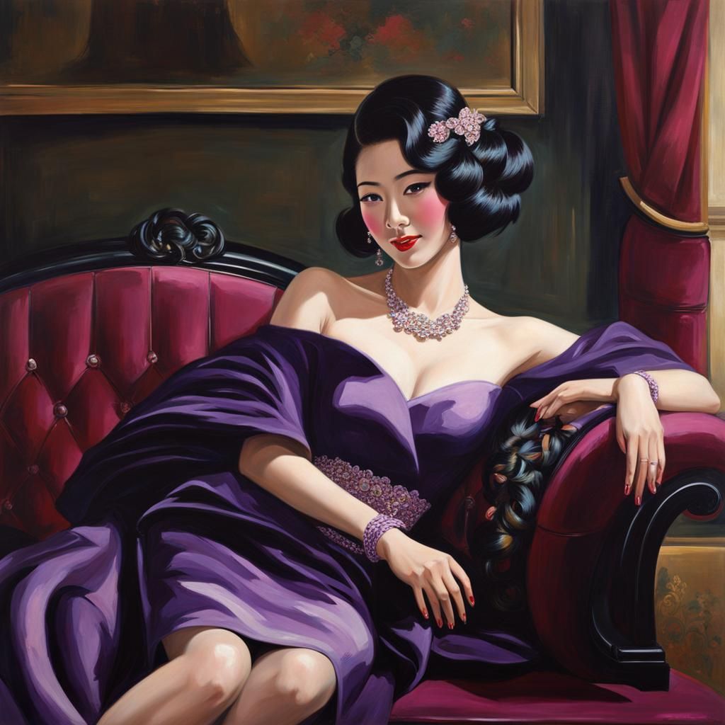 Japanese woman relaxing on an antique couch