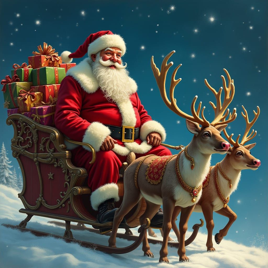 Jovial Santa in Luxurious Sleigh, Surrounded by Reindeer and...