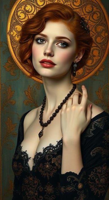 Mysterious Ginger Woman: Gothic Portrait in Klimt Style