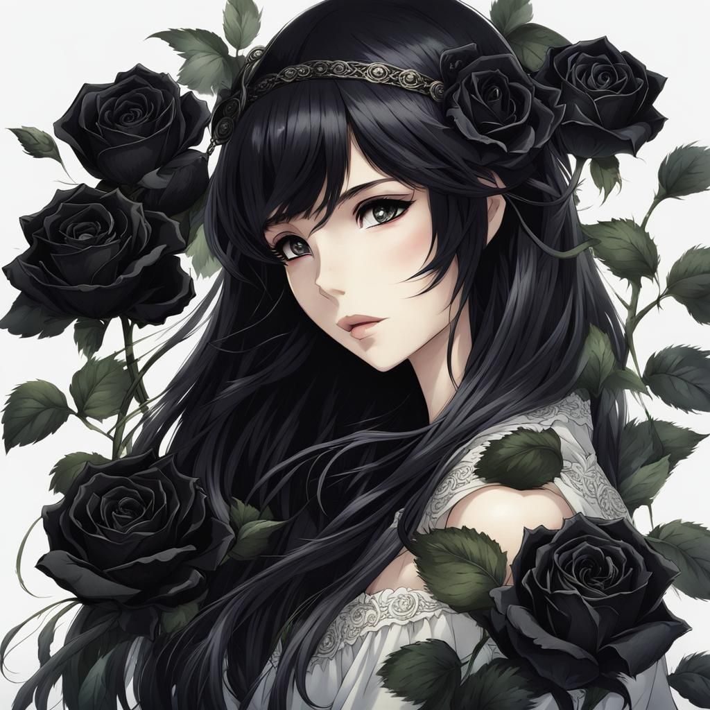 Anime Girl Surrounded by Black Roses in Rackham Style