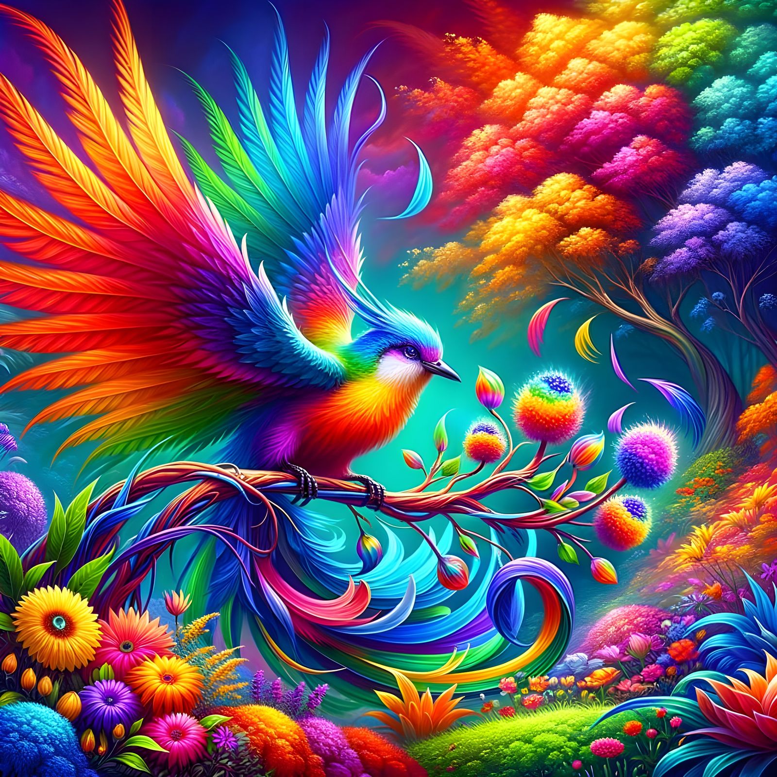 Rainbow Bird in a Colorful Landscape
