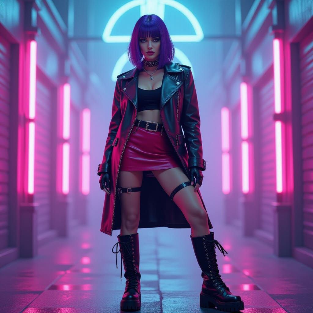 Gothic Synthwave Portrait of Woman in Leather Jacket