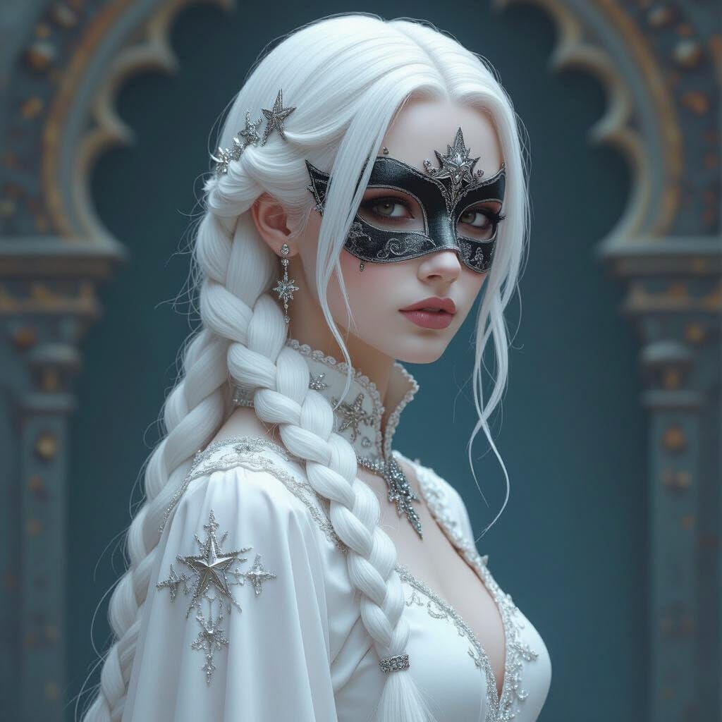 Pale Woman in Star Gown with Masquerade Mask