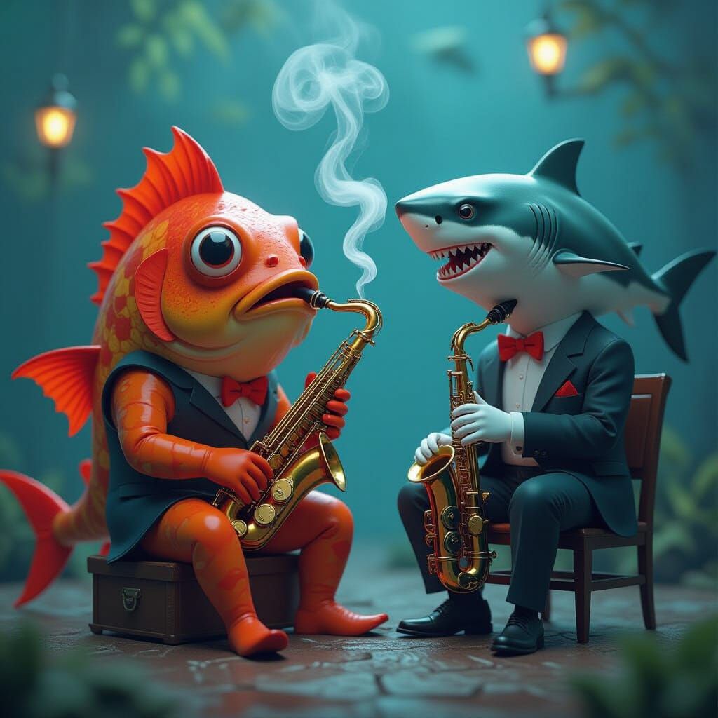 Surreal Anglerfish and Shark Scene in 3D Game Style