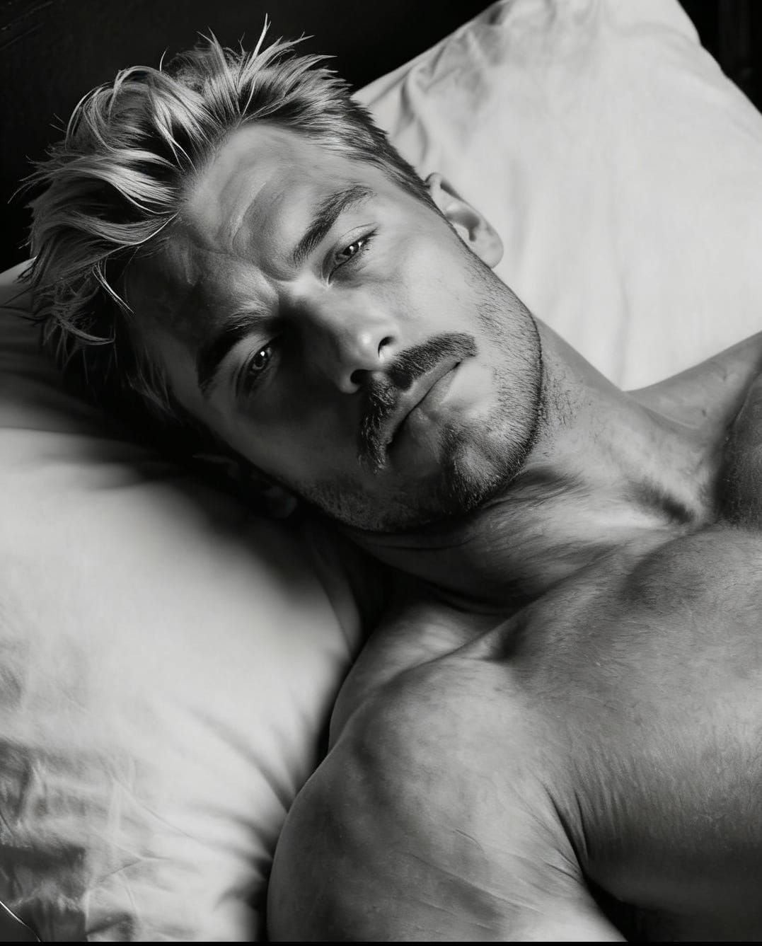 Muscular Bodybuilder Sleeping in Dramatic Black and White