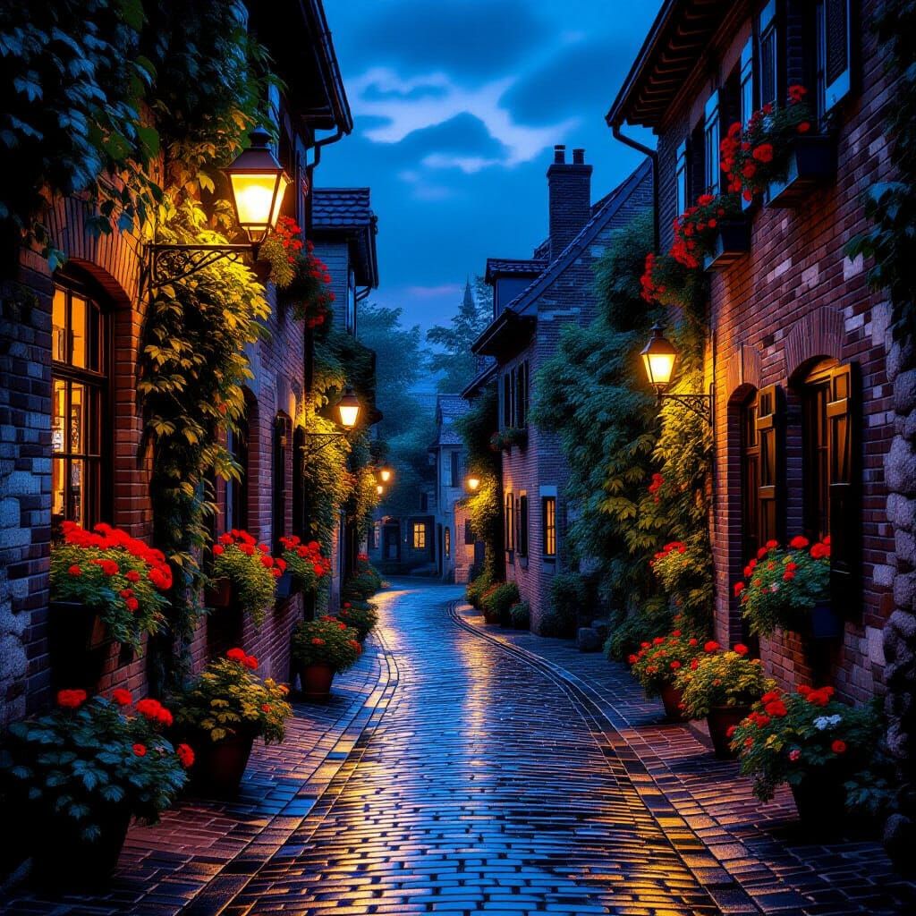 European Cobblestone Street at Dusk After Rain