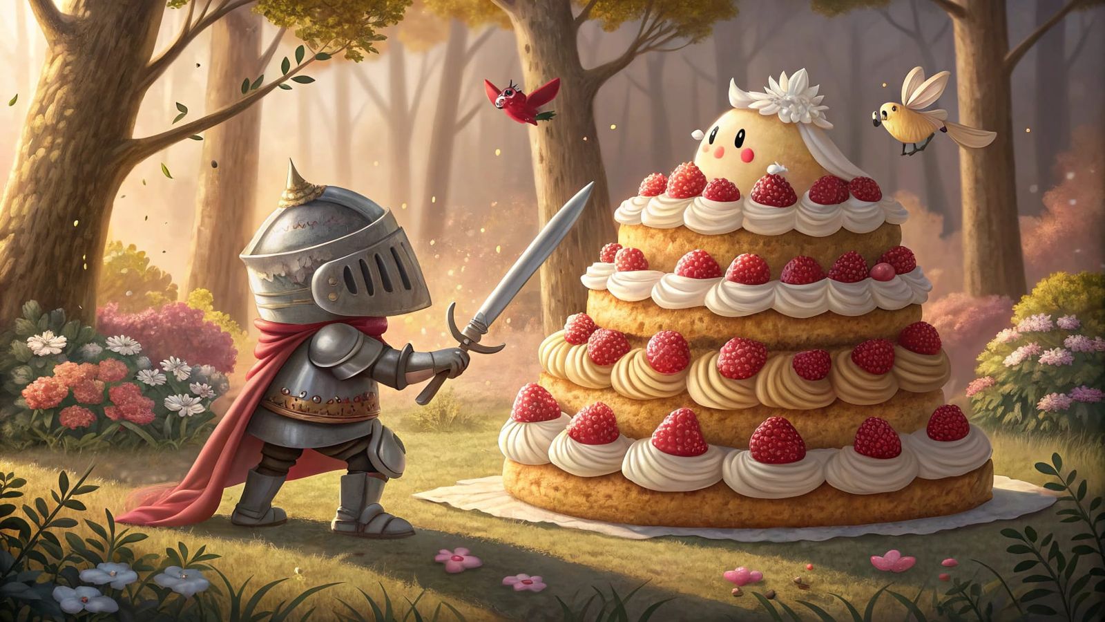 Cake Knights Clash in a Whimsical Sugar Forest