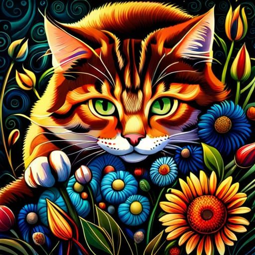 Fluffy Cat in Overgrown Flower Patch: Detailed Digital Art