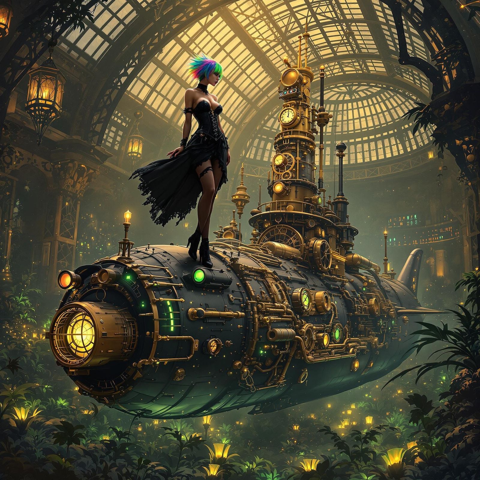 Gothic Flapper on Dieselpunk Submarine in Greenhouse