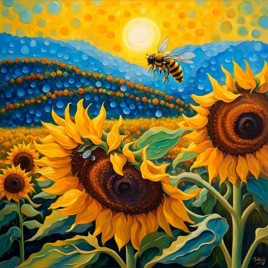 Sunflower with Bee in Expressionist Oil Painting