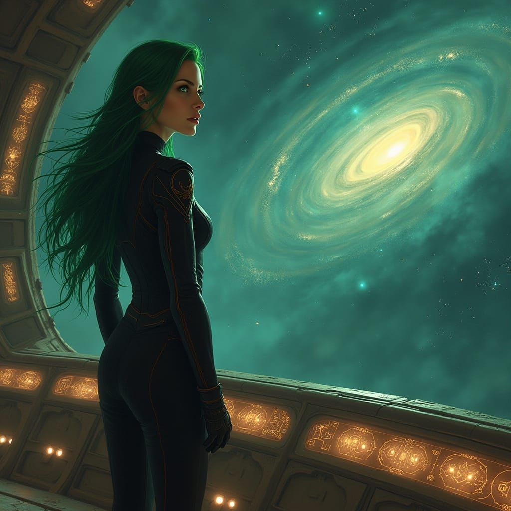 Woman on Ancient Spaceship Bridge in Photorealistic Style