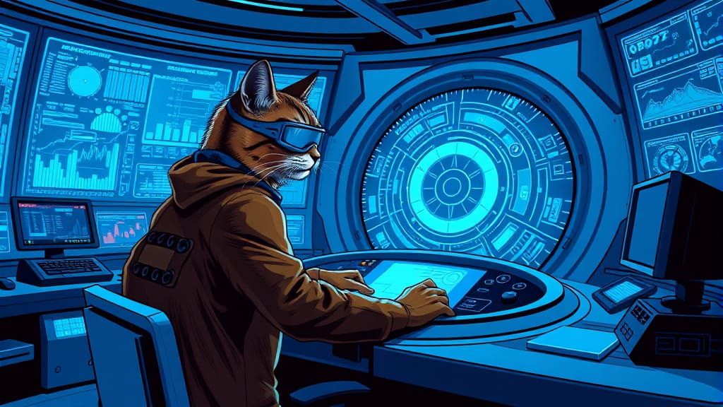 Cat Hacker in Blue Cyberpunk Command Center