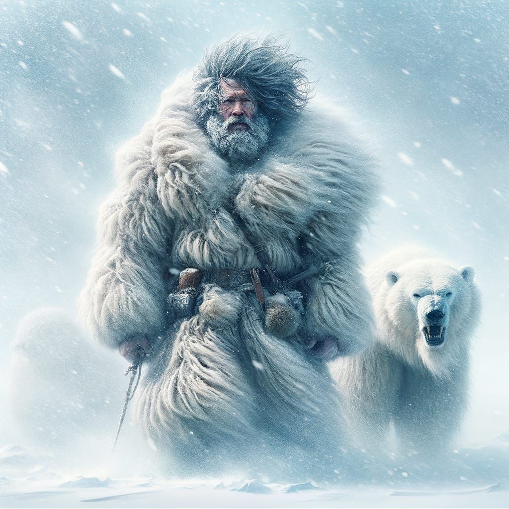Inuit Man and Polar Bear in Snowstorm Matte Painting