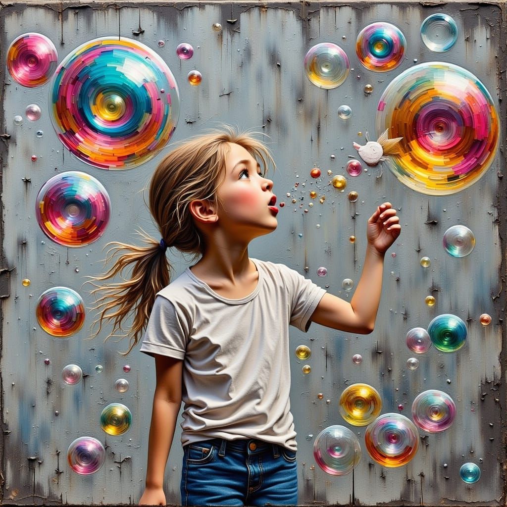 Girl Blowing Bubbles in Urban Street Art Style