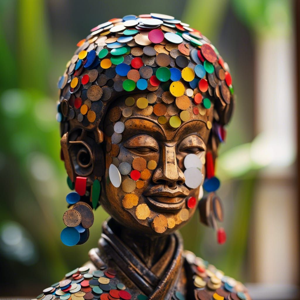Asian-Style Buddha Sculpture Made of Recycled Materials