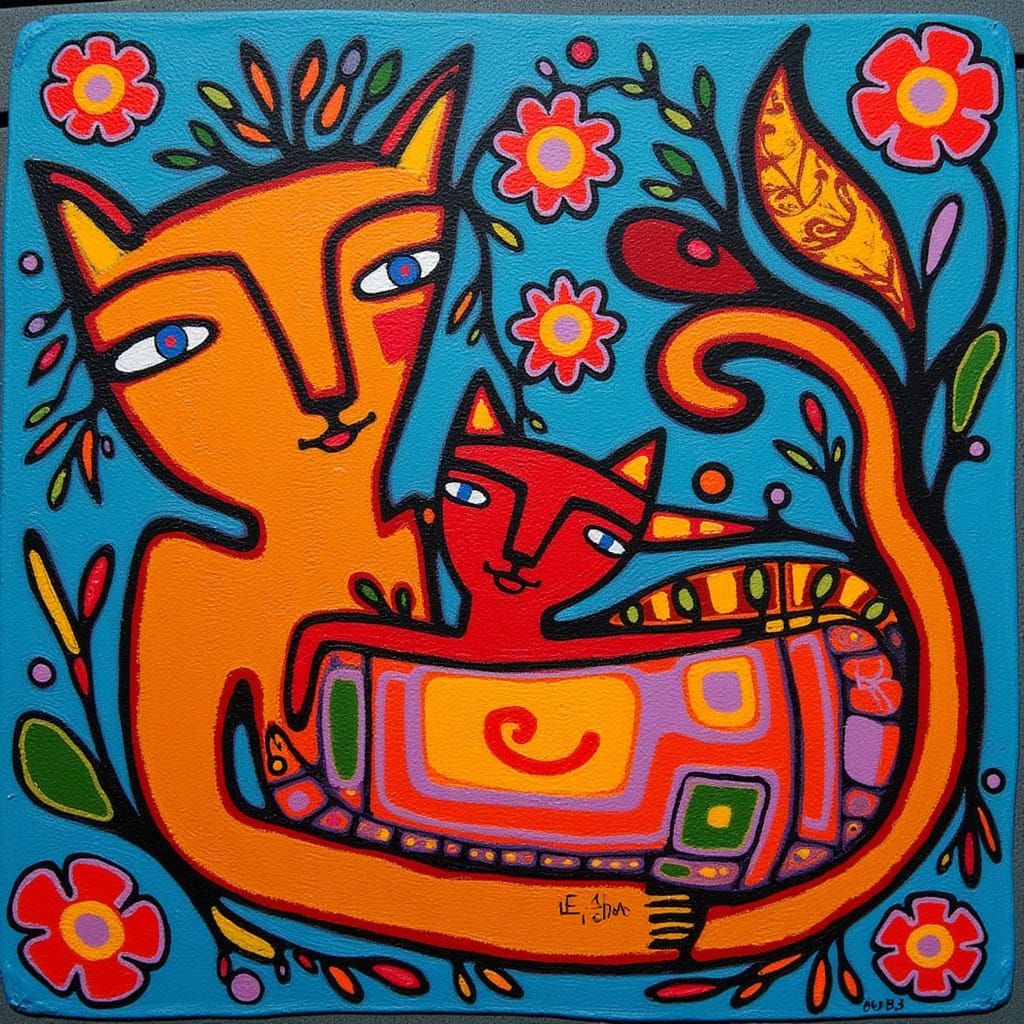 Folk Art Cats Sleeping in Bold Colors