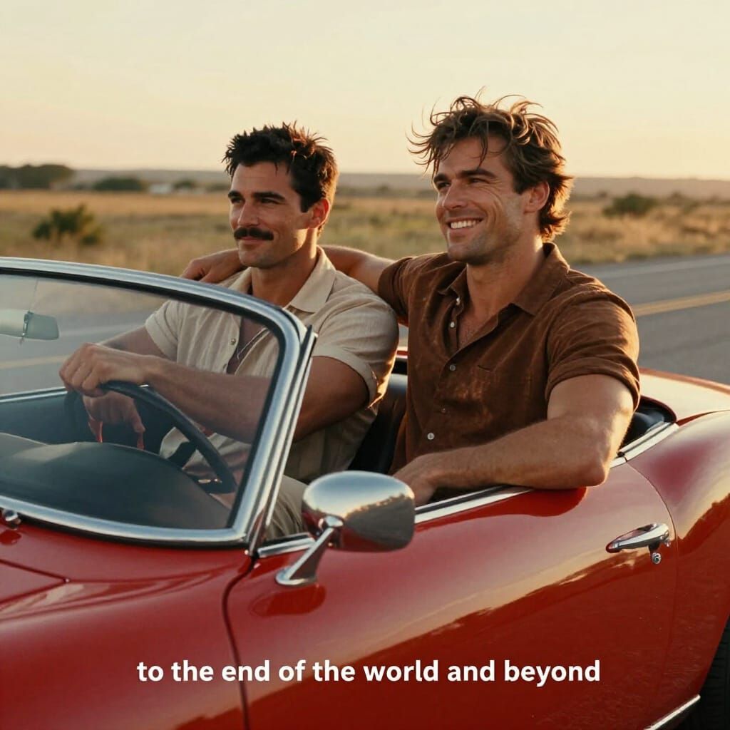 Handsome Men in Vintage Car on Open Road
