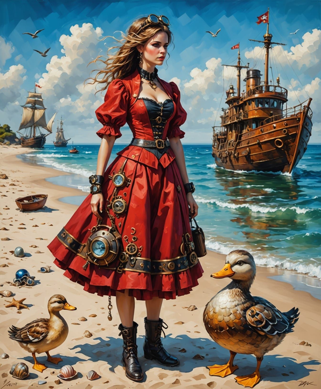 Steampunk Yeti's Beach Vacation in Oil Painting Style