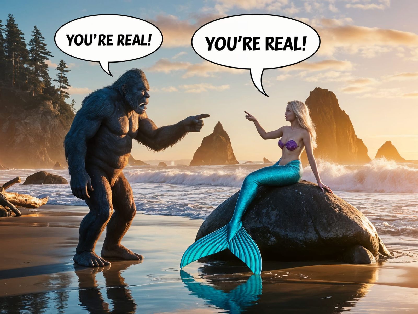 Bigfoot and Mermaid Meet at Sunset