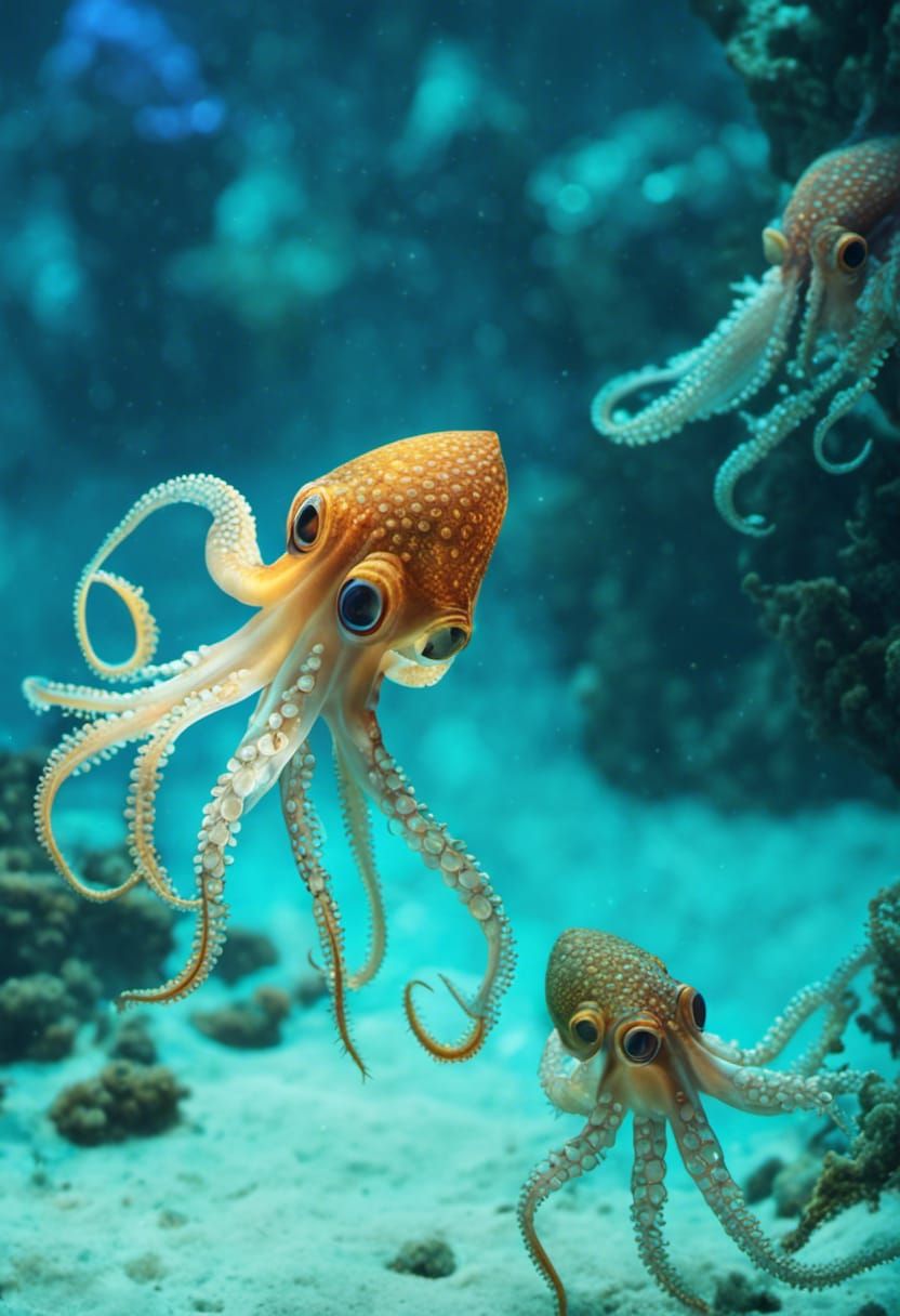 Iridescent Squids Light Up the Midnight Sea