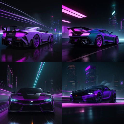 Sleek Sports Car Drifts Under Neon Cityscape at Midnight
