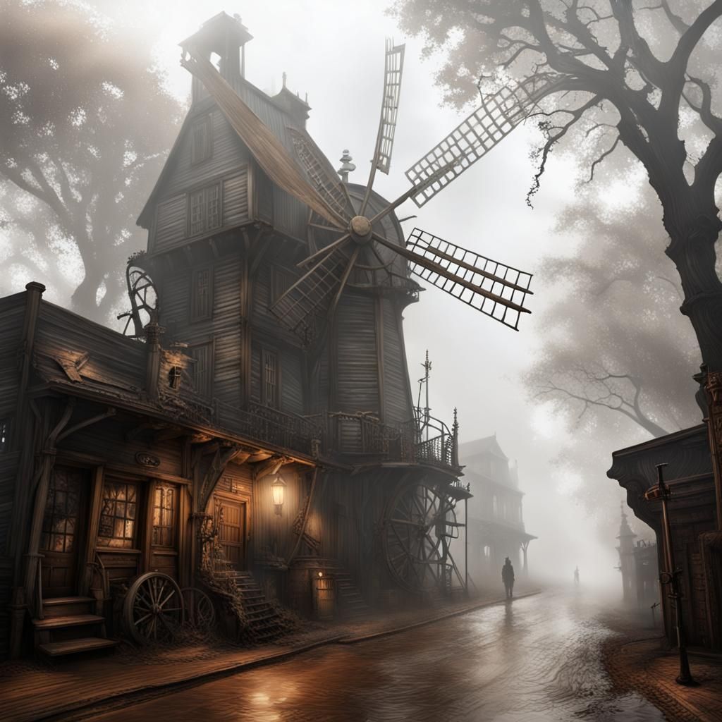 Eerie Steampunk Village at Night with Fog