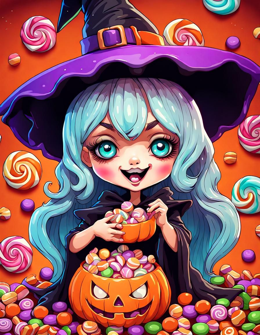 Whimsical Chibi Witch Enjoys Halloween Candies