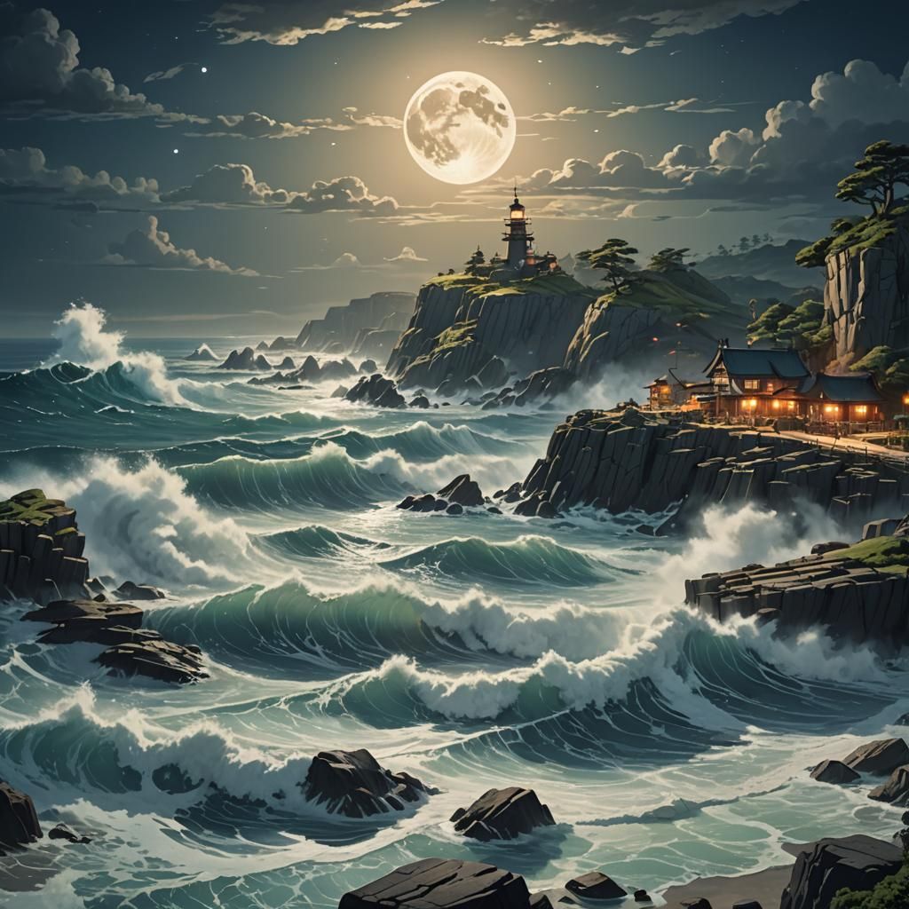 Ethereal Coastline Under Full Moonlight in Epic Fantasy Styl...
