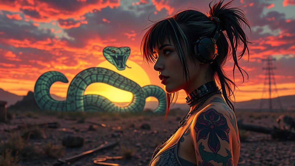 Cyberpunk Heroine in Wasteland Sunset: Fantasy Art