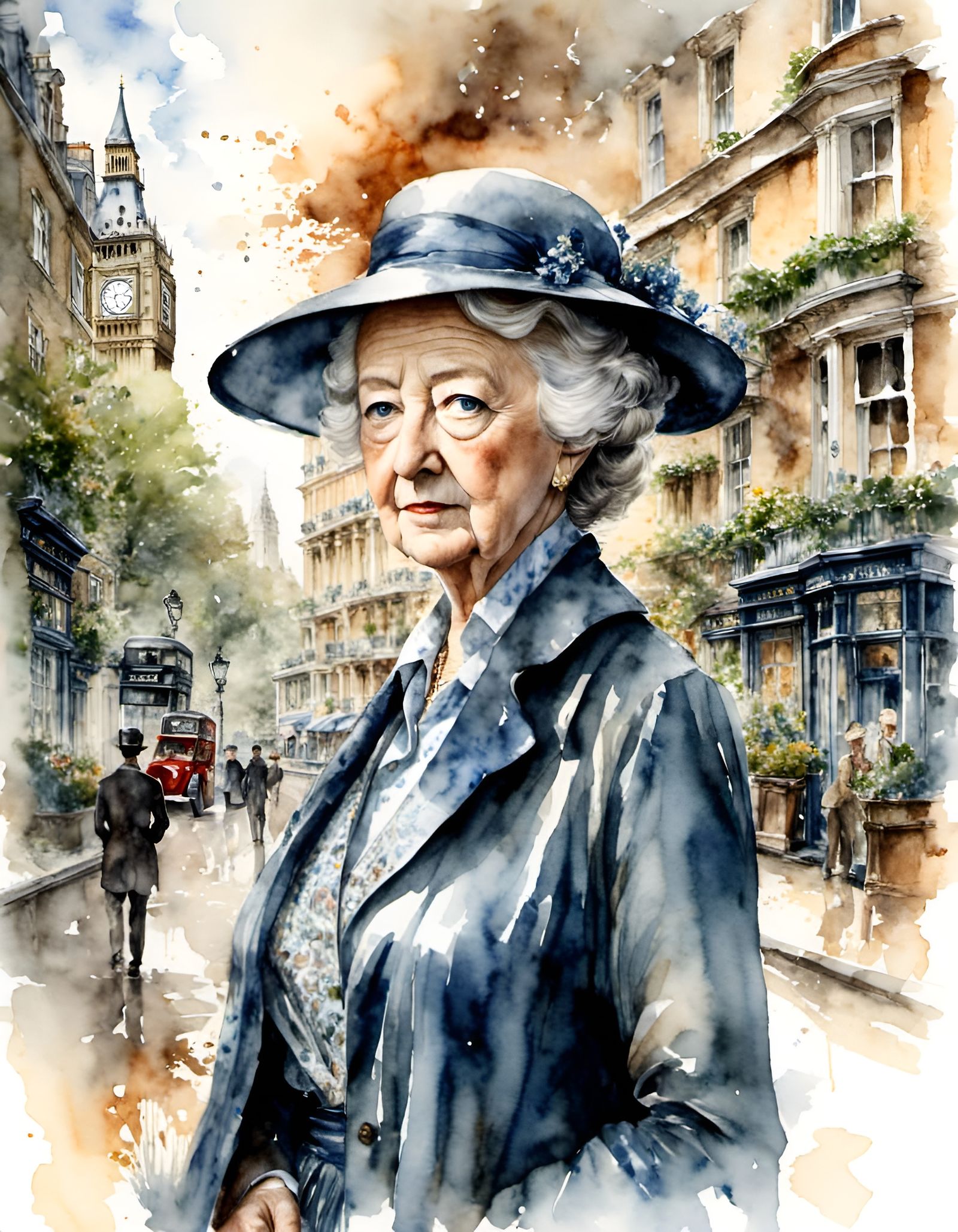 Watercolor Portrait of Miss Marple in London