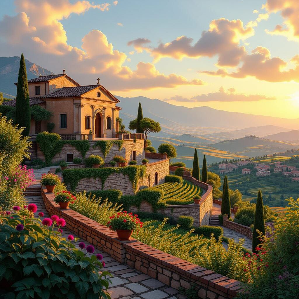 Majestic Roman Villa Overlooking Valley at Sunset